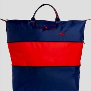 NEW NIP Longchamp Expandable Le Pliage Nylon Large Travel Bag Tote Bag- Navy/Red